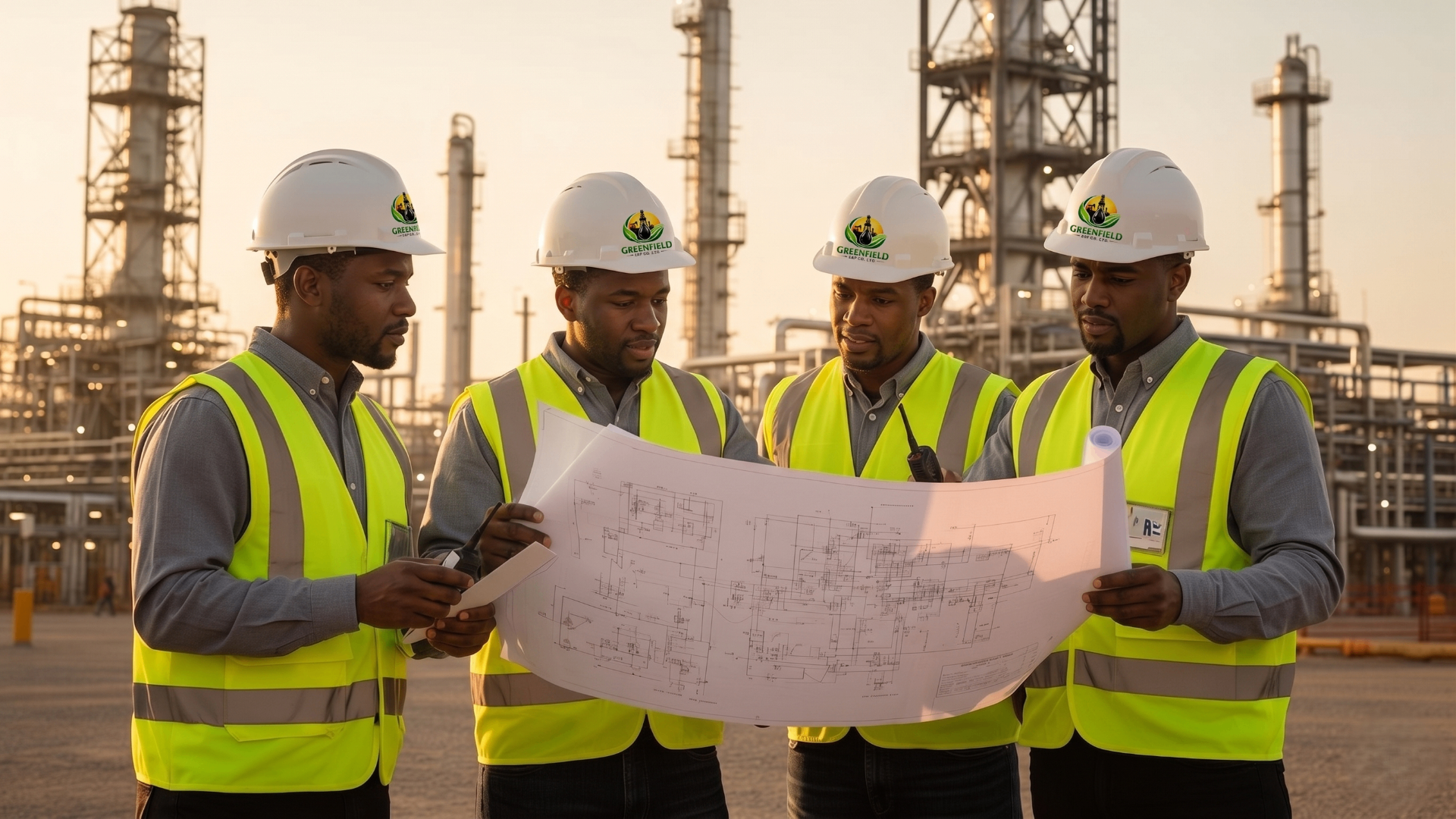 Greenfield engineers in PPE reviewing plans on site