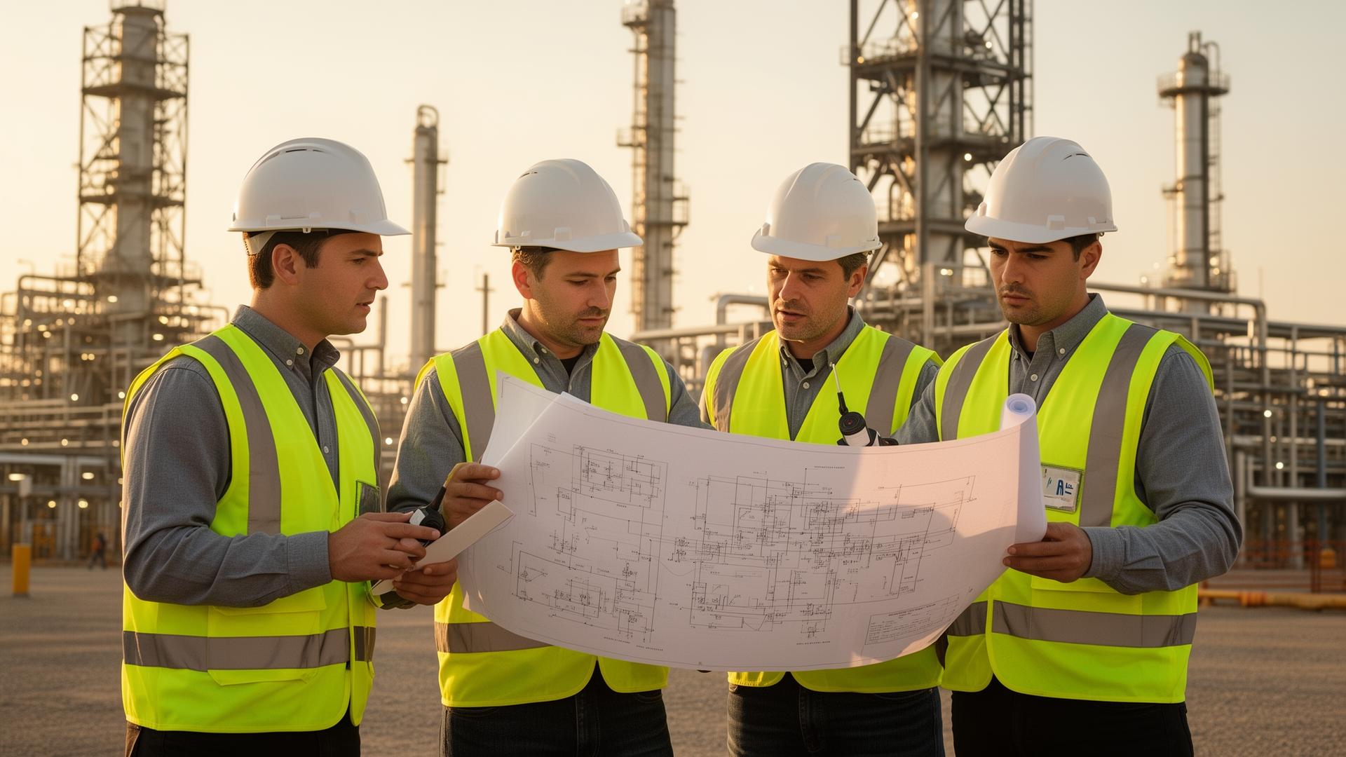 Greenfield engineers in PPE reviewing plans on site